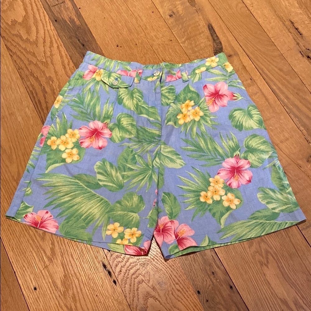 Lauren Ralph LRL Linen Tropical Hawaiian Hibiscus Cottagecore Feminine Shorts 6